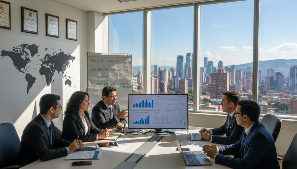 A dynamic office environment showcasing strategic management in public sector bidding processes in Colombia. In the foreground, a diverse group of professionals in business attire discussing plans gathered around a modern conference table littered with documents and digital screens displaying charts and graphs. In the middle ground, a large window reveals a city skyline, representing growth and opportunity. The background features a wall mounted with awards and a large world map indicating global connections. Natural light floods the room, creating an optimistic and focused atmosphere. The image is captured at eye level to highlight collaboration and strategic planning, embodying a spirit of professionalism and efficiency.