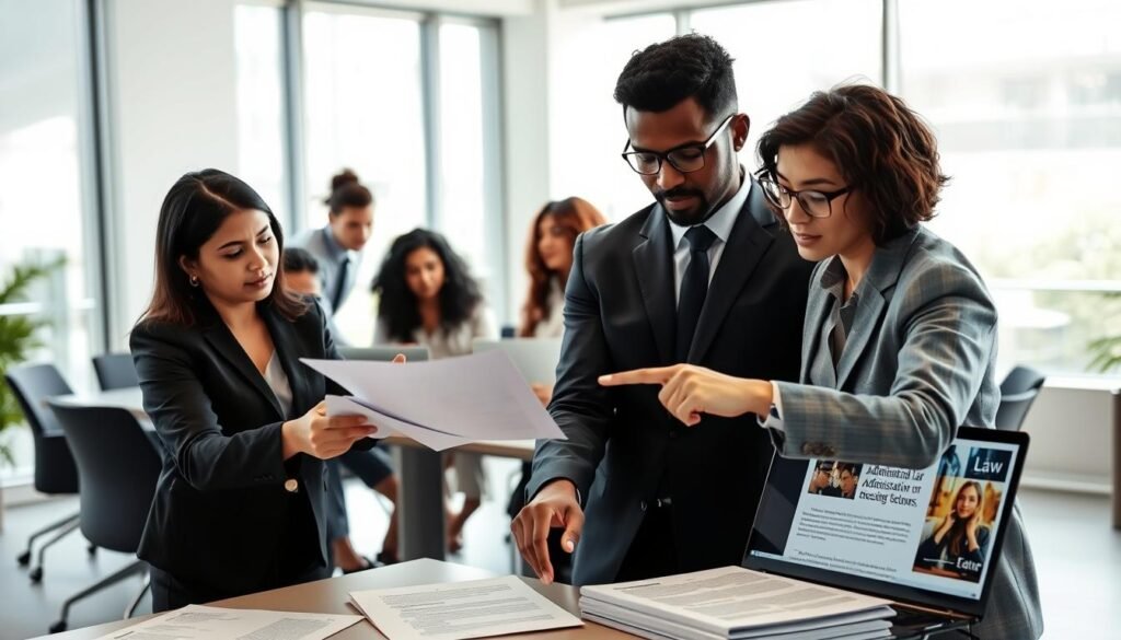 A dynamic office setting with a diverse group of professionals engaged in a discussion about administrative law. In the foreground, two individuals—a middle-aged Hispanic woman in a business suit and a young Black man in smart casual attire—are analyzing documents and pointing at a legal text on a table. In the middle ground, a diverse group of colleagues, including a South Asian woman and a Caucasian man, is seated around a large conference table with laptops open, showcasing visuals related to law and regulation. The background features a large window with natural light flooding the room, creating a professional and modern atmosphere. The overall mood is collaborative and focused, highlighting the importance of administrative law in the relationship between the State and citizens in Colombia. A dynamic office setting with a diverse group of professionals engaged in a discussion about administrative law. In the foreground, two individuals—a middle-aged Hispanic woman in a business suit and a young Black man in smart casual attire—are analyzing documents and pointing at a legal text on a table. In the middle ground, a diverse group of colleagues, including a South Asian woman and a Caucasian man, is seated around a large conference table with laptops open, showcasing visuals related to law and regulation. The background features a large window with natural light flooding the room, creating a professional and modern atmosphere. The overall mood is collaborative and focused, highlighting the importance of administrative law in the relationship between the State and citizens in Colombia.
