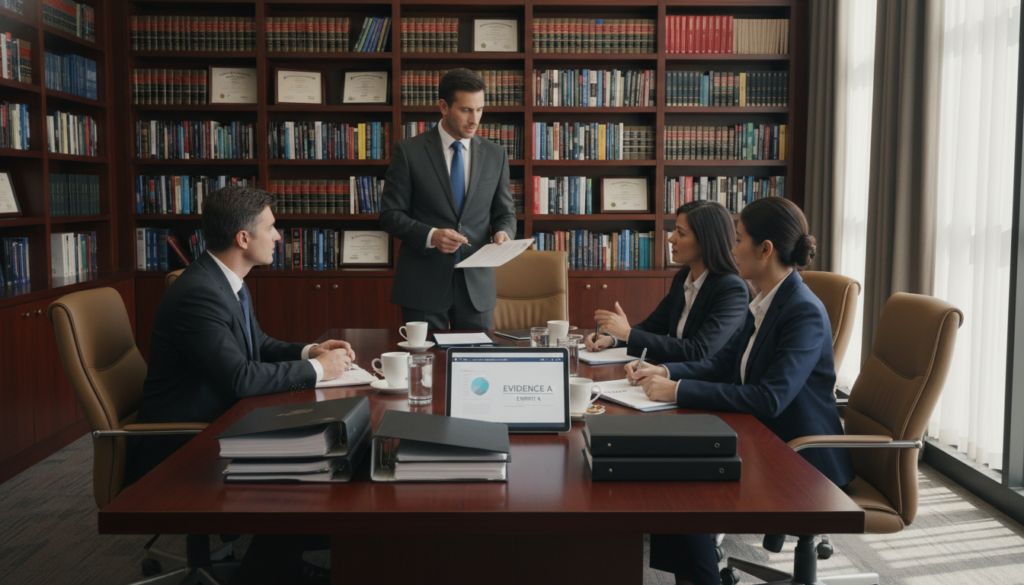 A formal administrative law office interior, featuring a modern and elegantly designed meeting room. In the foreground, a polished wooden conference table with diverse legal documents, binders, and a digital tablet displaying evidence. In the middle ground, a group of four professionals in business attire — a male lawyer presenting documents, a female lawyer taking notes, and two clients engaged in discussion. The background shows shelves filled with legal books and framed certificates, with soft ambient lighting creating a serious yet welcoming atmosphere. Light pours in from large windows, casting gentle shadows on the floor. The overall mood is one of professionalism and seriousness, reflecting the importance of evidence in judicial processes.