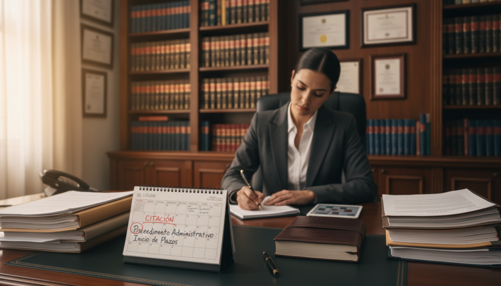 A formal office setting depicting the concept of "citación procedimiento administrativo." In the foreground, a neatly arranged desk with legal documents and a calendar open to the current month, emphasizing the importance of timelines. In the middle, a professional individual in business attire, focused and writing notes on a notepad, symbolizing the initiation of administrative procedures. The background shows a bookcase filled with legal books and framed certificates, illustrating a credentialed atmosphere. Soft, warm lighting enhances professionalism, with a slight depth of field effect creating a sense of focus on the foreground elements. The overall mood is serious and authoritative, reflecting the weight of administrative processes in a formal setting. A formal office setting depicting the concept of "citación procedimiento administrativo." In the foreground, a neatly arranged desk with legal documents and a calendar open to the current month, emphasizing the importance of timelines. In the middle, a professional individual in business attire, focused and writing notes on a notepad, symbolizing the initiation of administrative procedures. The background shows a bookcase filled with legal books and framed certificates, illustrating a credentialed atmosphere. Soft, warm lighting enhances professionalism, with a slight depth of field effect creating a sense of focus on the foreground elements. The overall mood is serious and authoritative, reflecting the weight of administrative processes in a formal setting.