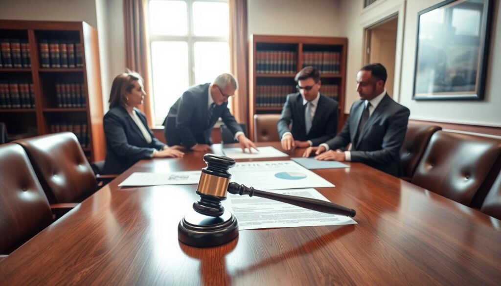 A formal office setting featuring a wooden conference table adorned with legal documents and a gavel, symbolizing the concept of contract nullity. In the foreground, a diverse group of three professionals—two men and one woman—dressed in formal business attire, are engaged in a serious discussion, pointing at the documents. In the middle ground, a large window allows natural light to flood in, illuminating the scene with a warm, professional glow. A bookshelf filled with legal books and statutes is visible in the background, adding depth. The atmosphere is tense yet focused, capturing the gravity of contractual legalities. The image should convey a sense of professionalism, authority, and the importance of compliance in state contracts.