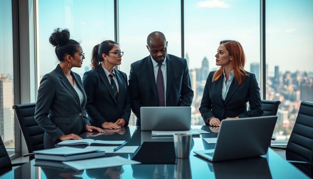 A group of professional lawyers specializing in sanction procedures, gathered in a modern office setting. In the foreground, three diverse lawyers—one Hispanic woman, one Black man, and one Caucasian woman—are engaged in a discussion, dressed in formal business attire, showcasing determination and professionalism. The middle ground features a sleek conference table with legal documents, laptops, and a coffee cup, highlighting a collaborative working environment. In the background, a large window offers a glimpse of a city skyline, filled with clear blue skies and soft sunlight filtering through, creating an ambiance of hope and diligence. The lighting is bright and inviting, suggesting a productive atmosphere conducive to legal discussions. The scene captures the essence of expertise and focus in the field of law. A group of professional lawyers specializing in sanction procedures, gathered in a modern office setting. In the foreground, three diverse lawyers—one Hispanic woman, one Black man, and one Caucasian woman—are engaged in a discussion, dressed in formal business attire, showcasing determination and professionalism. The middle ground features a sleek conference table with legal documents, laptops, and a coffee cup, highlighting a collaborative working environment. In the background, a large window offers a glimpse of a city skyline, filled with clear blue skies and soft sunlight filtering through, creating an ambiance of hope and diligence. The lighting is bright and inviting, suggesting a productive atmosphere conducive to legal discussions. The scene captures the essence of expertise and focus in the field of law.