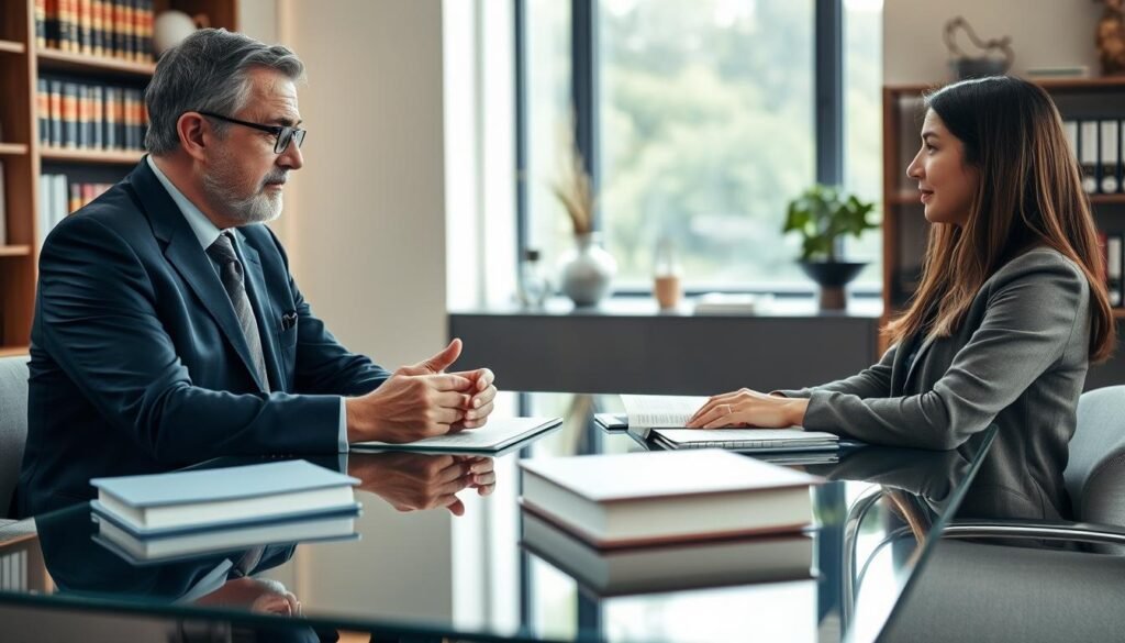 A highly professional lawyer and a client engaged in a meaningful conversation in a modern office setting. The lawyer, a middle-aged man in a well-fitted navy suit, exudes confidence and empathy while actively listening. The client, a young woman dressed in smart casual attire, appears at ease as she expresses her concerns. In the foreground, the two are seated across a sleek glass table, surrounded by legal books and files, emphasizing professionalism. Soft natural light filters through a large window, creating a warm and inviting atmosphere. The background features a bookshelf filled with legal texts and subtle decor that conveys sophistication. The overall mood is one of trust, open communication, and a supportive attorney-client relationship. A highly professional lawyer and a client engaged in a meaningful conversation in a modern office setting. The lawyer, a middle-aged man in a well-fitted navy suit, exudes confidence and empathy while actively listening. The client, a young woman dressed in smart casual attire, appears at ease as she expresses her concerns. In the foreground, the two are seated across a sleek glass table, surrounded by legal books and files, emphasizing professionalism. Soft natural light filters through a large window, creating a warm and inviting atmosphere. The background features a bookshelf filled with legal texts and subtle decor that conveys sophistication. The overall mood is one of trust, open communication, and a supportive attorney-client relationship.