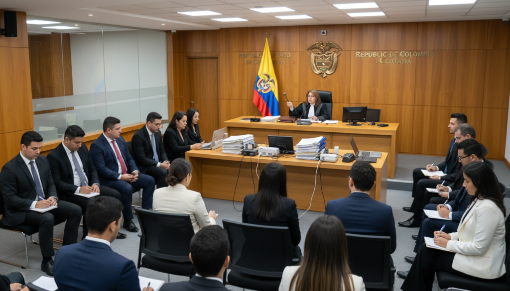 A modern courtroom setting depicting a "desarrollo audiencia" (audience development) scene in Colombia. In the foreground, a diverse group of professionals dressed in formal business attire attentively listening and taking notes. The middle ground features a judge presiding over a session, with a gavel in hand, and a large table in front filled with legal documents and digital devices. Bright lighting illuminates the room from overhead, casting soft shadows that add depth. The background shows a beautifully detailed courtroom with wooden benches and a Colombian flag prominently displayed. The mood is serious and focused, emphasizing the importance of legal proceedings, with a sense of anticipation in the air. Capture this scene from a slightly elevated angle, showcasing the interactions among the participants. A modern courtroom setting depicting a "desarrollo audiencia" (audience development) scene in Colombia. In the foreground, a diverse group of professionals dressed in formal business attire attentively listening and taking notes. The middle ground features a judge presiding over a session, with a gavel in hand, and a large table in front filled with legal documents and digital devices. Bright lighting illuminates the room from overhead, casting soft shadows that add depth. The background shows a beautifully detailed courtroom with wooden benches and a Colombian flag prominently displayed. The mood is serious and focused, emphasizing the importance of legal proceedings, with a sense of anticipation in the air. Capture this scene from a slightly elevated angle, showcasing the interactions among the participants.
