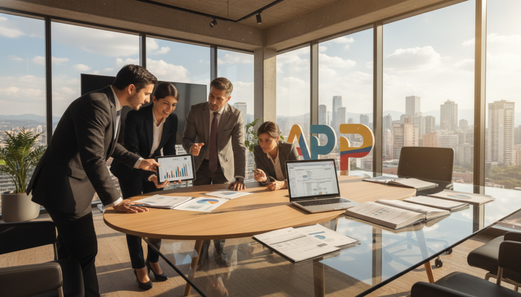 A modern office environment illustrating a project on public-private partnerships (APP) in Colombia. In the foreground, a group of diverse professionals, dressed in smart business attire, discuss financial documents and a digital tablet displaying graphs and charts. The middle ground features a large glass table with financial reports spread across it, and a sleek laptop open showing a project management interface. The background includes large windows with a view of the Bogotá skyline, bathed in warm, natural sunlight, creating an atmosphere of optimism and collaboration. The scene captures a sense of strategic planning and financial sustainability, emphasizing teamwork in a productive and positive workspace. Soft shadows and warm lighting enhance the inviting mood of the image, making it professional yet approachable.
