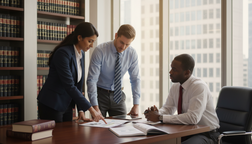 A modern office environment serves as the backdrop, featuring a sleek wooden desk with legal books neatly arranged. In the foreground, a diverse group of three professionals—two men and one woman—are engaged in a serious discussion. All are dressed in smart business attire; the woman wears a tailored blazer, the men sport dress shirts and ties. The atmosphere is focused and professional, with one person pointing to a legal document spread on the table while the others listen attentively. Soft, natural light filters in through large windows, casting a warm glow over the scene, suggesting an insightful consultation. In the background, a bookshelf filled with law books underscores the theme of specialized legal advice in sanction processes.