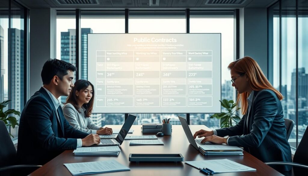 A modern office environment showcasing the hiring and selection process in the context of public contracts amidst restrictions. In the foreground, a diverse group of three professionals in business attire engage in a focused discussion over a table filled with documents and laptops. In the middle ground, a large digital display shows key metrics and timelines related to the selection process, illuminated with soft, warm lighting. The background reveals a cityscape through large windows, suggesting a bustling urban setting. The atmosphere is serious yet collaborative, reflecting urgency and professionalism. Use a wide-angle lens to capture the entire scene, ensuring clarity and depth while maintaining a balanced composition that conveys teamwork and strategic planning.