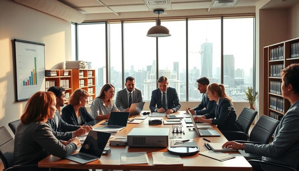 A modern office environment that reflects the theme of comprehensive support in state contracting processes. In the foreground, a diverse group of professionals in business attire are engaged in discussion around a large conference table covered with documents, laptops, and a digital projector displaying charts and graphs related to contracting. The middle of the image features a well-organized workspace, with shelves stacked with law books and regulation manuals. The background shows a large window with natural light flooding the room, offering a view of a city skyline, symbolizing growth and opportunity. The atmosphere is focused, collaborative, and professional, emphasizing teamwork and strategic planning in legal advisory contexts. Soft, warm lighting enhances the inviting yet serious tone of the scene.