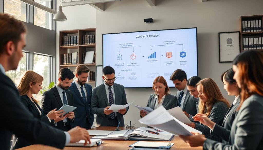 A modern office scene illustrating "contract management processes and tools." In the foreground, a diverse group of professionals in business attire collaboratively analyzing documents and digital tablets, showcasing engagement and discussion. The middle ground features a large screen displaying flowcharts and graphs related to contract execution, symbolizing key processes. The background includes shelves filled with legal books and framed certificates, reinforcing a professional atmosphere. Soft, natural lighting streams through large windows, casting a warm glow. The angle is slightly elevated, capturing the dynamic interaction among the team while emphasizing the importance of organized and efficient contract management. The overall mood is focused and productive, ideal for a business environment.