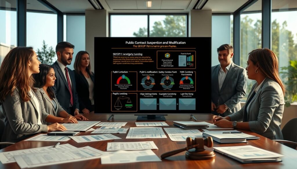 A modern office setting featuring a diverse group of professionals in business attire engaged in a collaborative discussion around a large table. In the foreground, charts and legal documents related to public contract suspension and modification are scattered on the table. The middle ground showcases a digital display screen showing key points of the SECOP II procedures, with graphs and flowcharts illustrated in a concise manner. The background includes large windows allowing natural light to fill the room, creating a vibrant and inviting atmosphere. The overall mood is focused and determined, reflecting the serious nature of legal processes involved in contracts. The scene is well-lit, evoking a sense of professionalism and collaboration. A modern office setting featuring a diverse group of professionals in business attire engaged in a collaborative discussion around a large table. In the foreground, charts and legal documents related to public contract suspension and modification are scattered on the table. The middle ground showcases a digital display screen showing key points of the SECOP II procedures, with graphs and flowcharts illustrated in a concise manner. The background includes large windows allowing natural light to fill the room, creating a vibrant and inviting atmosphere. The overall mood is focused and determined, reflecting the serious nature of legal processes involved in contracts. The scene is well-lit, evoking a sense of professionalism and collaboration.