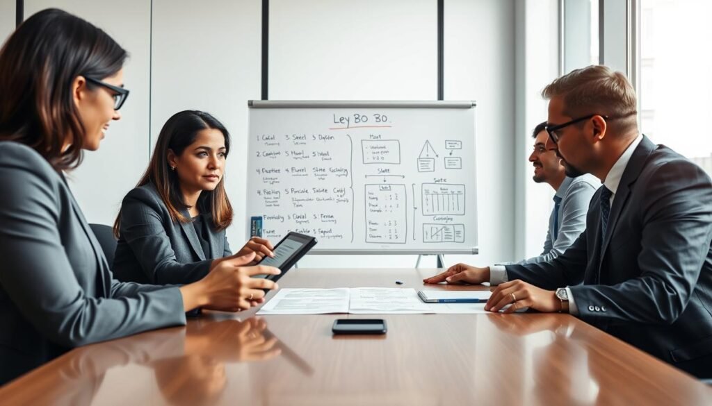 A modern office setting focused on administrative law and government contracting expertise. In the foreground, a diverse group of four professionals engaged in a collaborative discussion around a sleek conference table, all dressed in professional business attire. A woman of Latin descent points at a digital tablet displaying legal documents, while a Middle-Eastern man gestures emphatically, emphasizing a key point. In the middle ground, a large whiteboard filled with diagrams and notes about "Ley 80" and state contracting sits prominently. The background features large windows allowing soft, natural light to flood the room, creating a bright and optimistic atmosphere. This setting conveys seriousness and professionalism, with a lens focus that highlights the collaboration and intensity of their discussion, reflecting the themes of legal expertise and advisory services in government contracts.