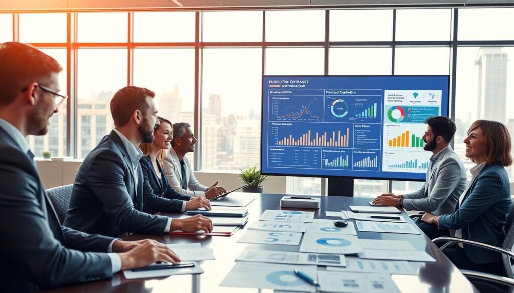 A modern office setting focused on public procurement optimization. In the foreground, a diverse group of professionals in business attire, including both men and women, is engaged in a lively discussion around a large conference table covered with documents and digital devices, emphasizing collaboration and innovation. In the middle ground, a large, interactive screen displays graphs and charts showcasing procurement proposals and processes, highlighting trends and data analytics. The background features a bright, spacious office environment with large windows letting in natural light, and cityscape views outside. Soft, warm lighting adds to the professional atmosphere while conveying a sense of teamwork and efficiency in public contract optimization.