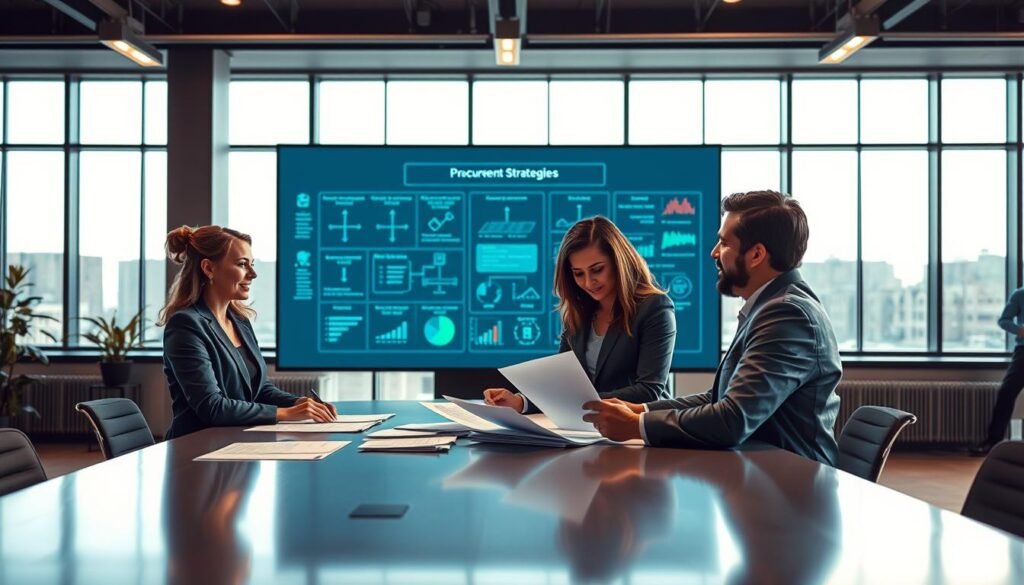 A modern, professional office environment illustrating "integrated methodology in contracting and bidding." In the foreground, a diverse team of three professionals, two women and one man, discussing documents on a sleek conference table. They are dressed in business attire, exuding focus and collaboration. In the middle ground, a large digital screen displays flowcharts and graphs related to procurement strategies, emphasizing a systematic approach. The background features large windows allowing natural light to flood the room, creating a bright, productive atmosphere. The lighting is warm and inviting, inspiring an atmosphere of teamwork and professionalism. The overall mood is serious yet optimistic, reflecting the complexity and importance of public procurement processes without any distractions from text or markings.