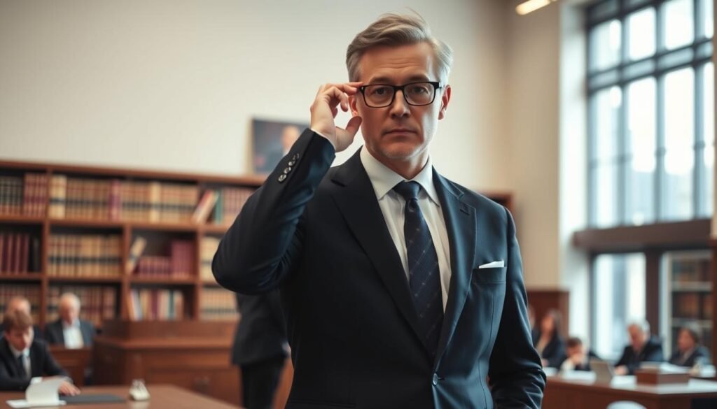 A poised lawyer stands confidently in a courtroom setting, showcasing emotional intelligence during a tense moment. In the foreground, the lawyer is dressed in a well-tailored navy suit, adjusting their glasses while maintaining a composed expression. The middle ground features a serious courtroom scene with a judge's bench and attentive jurors, capturing the gravity of the situation. In the background, shelves filled with law books create an academic ambiance. Soft, natural light filters through large windows, casting a warm glow on the scene, emphasizing the lawyer's focus and empathy. The overall mood is one of professionalism and serenity amid potential conflict, highlighting the importance of emotional intelligence in critical legal scenarios. A poised lawyer stands confidently in a courtroom setting, showcasing emotional intelligence during a tense moment. In the foreground, the lawyer is dressed in a well-tailored navy suit, adjusting their glasses while maintaining a composed expression. The middle ground features a serious courtroom scene with a judge's bench and attentive jurors, capturing the gravity of the situation. In the background, shelves filled with law books create an academic ambiance. Soft, natural light filters through large windows, casting a warm glow on the scene, emphasizing the lawyer's focus and empathy. The overall mood is one of professionalism and serenity amid potential conflict, highlighting the importance of emotional intelligence in critical legal scenarios.