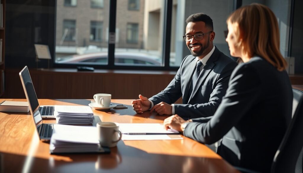 A professional administrative lawyer providing personalized attention to a client in an office setting. In the foreground, a diverse lawyer in a tailored navy suit sits across a polished wooden desk, actively listening to a client, who is also dressed in professional business attire. Their expressions convey trust and collaboration. In the middle ground, stacks of legal documents, a laptop, and a coffee cup are neatly arranged on the desk, symbolizing the thoroughness of the legal process. The background features a large window with natural light streaming in, casting a warm glow over the scene and enhancing the inviting atmosphere. Soft shadows are present to create depth, and the perspective is slightly angled to showcase both the lawyer and the client, emphasizing the importance of personalized legal guidance.