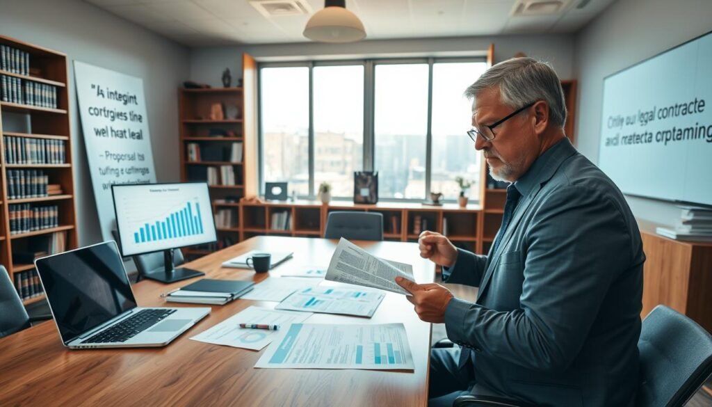 A professional and engaging scene depicting a legal consultant in a modern office setting, focusing on government contracts and public procurement strategies. In the foreground, a middle-aged expert in business attire, reviewing a detailed contract document, appears thoughtful and focused. The middle ground features a large wooden conference table strewn with charts, proposal papers, and a laptop displaying graphs. Bright, natural lighting pours in from large windows, illuminating the space. The background shows bookshelves filled with law books and inspirational quotes about integrity and professionalism. The atmosphere is one of collaboration and expertise, emphasizing a strategic approach to legal consultancy in governmental contracts. The view is captured with a wide-angle lens to convey depth and engagement in the environment.