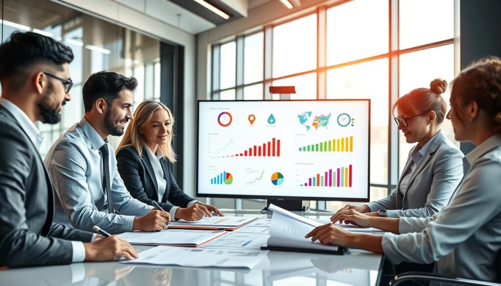A professional and engaging scene depicting the benefits and outcomes of public and private contracting. In the foreground, a diverse group of professionals in business attire, including men and women of various ethnicities, collaboratively analyzing documents and discussing strategies around a modern conference table. The middle ground features a large screen displaying colorful graphs, charts, and icons symbolizing success and growth, highlighting key performance metrics. The background shows a sleek office environment with large windows letting in natural light, creating an open and positive atmosphere. The lighting is bright and uplifting, with a soft focus applied to the background to emphasize the team’s interaction. The mood is one of collaboration, professionalism, and optimism for successful contracting outcomes.