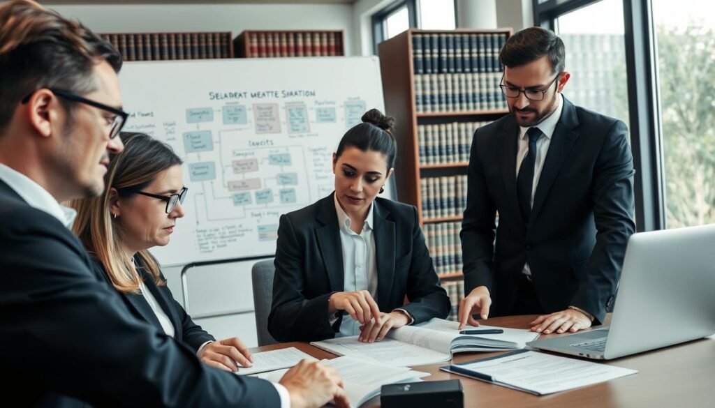 A professional and serious office setting where a diverse group of legal professionals, dressed in business attire, are engaged in an intense discussion about legal strategies and risk analysis related to sanction processes. In the foreground, a middle-aged woman with glasses is analyzing documents spread on the table, while a younger man points at charts on a laptop. In the middle ground, a whiteboard filled with legal terms and flowcharts represents complex strategies. The background shows shelves filled with law books, and large windows allowing soft natural light to filter in, creating an atmosphere of focus and determination. The overall mood is one of collaboration and expertise, emphasizing the critical aspects of representation and defense in sanction processes.