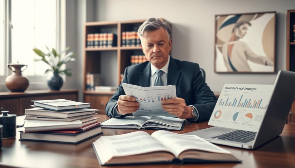 A professional attorney in a refined office setting, deeply engaged in strategizing legal defense. The foreground captures the lawyer, a middle-aged individual in formal business attire, seated at a sleek desk strewn with legal books and document folders. Their focused expression conveys confidence and determination. In the middle ground, an open law book and a laptop display various legal charts, symbolizing comprehensive legal strategies. The background features shelves filled with law literature and abstract art, adding a touch of sophistication. Soft, natural lighting filters through a large window, creating a serene and professional atmosphere. The overall mood reflects diligence and expertise in providing integrated legal defense strategies. A professional attorney in a refined office setting, deeply engaged in strategizing legal defense. The foreground captures the lawyer, a middle-aged individual in formal business attire, seated at a sleek desk strewn with legal books and document folders. Their focused expression conveys confidence and determination. In the middle ground, an open law book and a laptop display various legal charts, symbolizing comprehensive legal strategies. The background features shelves filled with law literature and abstract art, adding a touch of sophistication. Soft, natural lighting filters through a large window, creating a serene and professional atmosphere. The overall mood reflects diligence and expertise in providing integrated legal defense strategies.