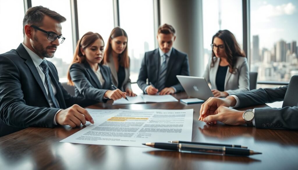 A professional business environment depicting a meeting room where various diverse professionals in formal attire engage in a discussion over contractual documents. In the foreground, a detailed view of a contract on the table with highlighted sections, alongside pens and legal paperwork. The middle ground shows three individuals, one pointing at the document, another taking notes, and a third analyzing data on a laptop, all appearing focused and engaged. In the background, large windows allow natural light to stream in, creating a bright and uplifting atmosphere, with a city skyline partially visible. The overall mood is serious yet collaborative, reflecting the implications of compliance and execution in contractual agreements. A professional business environment depicting a meeting room where various diverse professionals in formal attire engage in a discussion over contractual documents. In the foreground, a detailed view of a contract on the table with highlighted sections, alongside pens and legal paperwork. The middle ground shows three individuals, one pointing at the document, another taking notes, and a third analyzing data on a laptop, all appearing focused and engaged. In the background, large windows allow natural light to stream in, creating a bright and uplifting atmosphere, with a city skyline partially visible. The overall mood is serious yet collaborative, reflecting the implications of compliance and execution in contractual agreements.
