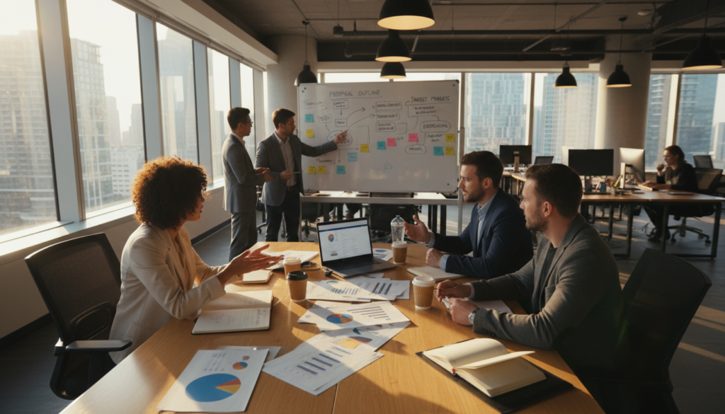 A professional business environment showcasing a diverse team of individuals collaborating on proposal strategies. In the foreground, a group of three business professionals—one woman and two men—are actively discussing over a large table filled with documents, laptops, and colorful charts. They are dressed in smart business attire, exuding focus and determination. In the middle ground, a whiteboard filled with diagrams and notes illustrates their brainstorming process. The background features a well-lit modern office with large windows allowing natural light to flood the space, highlighting a city skyline. The atmosphere is dynamic and innovative, reflecting a sense of collaboration and strategy development in a corporate setting. Use warm lighting for a welcoming ambiance and capture the scene from a slightly elevated angle for depth.