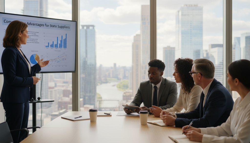 A professional business meeting in a modern office environment, featuring a diverse group of individuals in business attire. In the foreground, a confident middle-aged woman presents a PowerPoint slide titled 'Competitive Advantages for State Suppliers', showcasing graphs and data. In the middle ground, attentive colleagues, including a young Black man and a Hispanic woman, engage in discussion, evaluating opportunities. The background reveals a sleek office space with large windows, providing a view of a city skyline. Soft, natural lighting enhances the professionalism of the scene, while a slight depth of field focuses on the main group. The atmosphere is collaborative, highlighting innovation and strategic thinking.