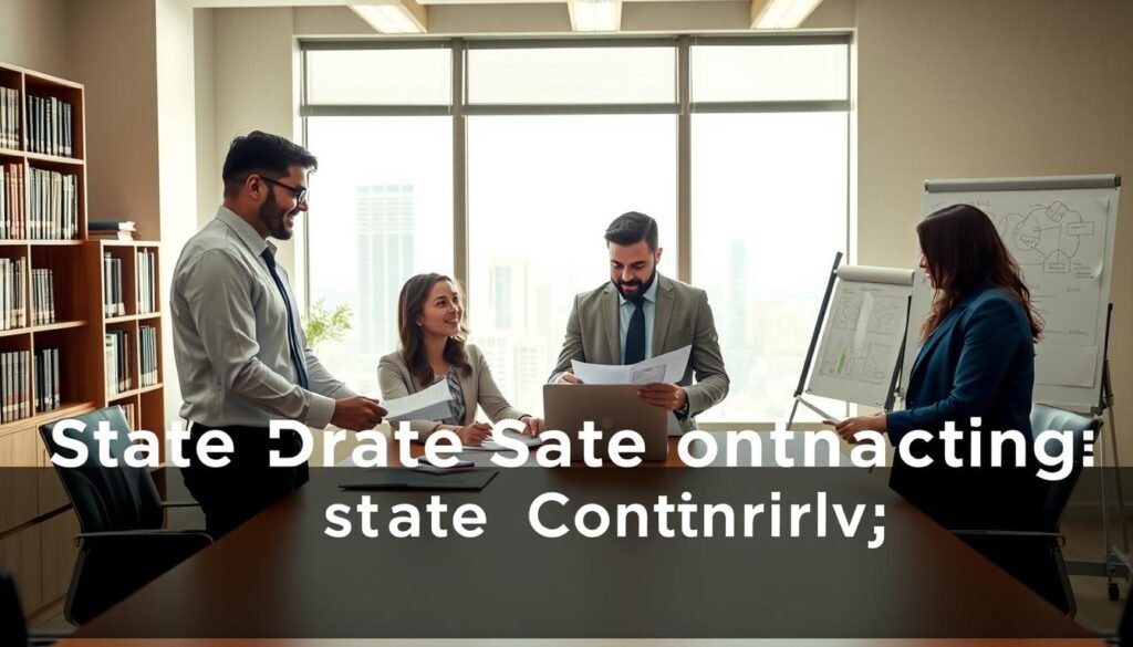 A professional business meeting scene set in a modern office environment. In the foreground, a diverse group of three business professionals—two men and one woman—are engaged in a discussion around a large conference table, dressed in professional business attire. They are examining documents and a laptop, with expressions of collaboration and focus. The middle ground features a large window allowing natural light to flood the room, with a detailed view of a city skyline outside. The background includes shelves filled with books on law and business, as well as a whiteboard filled with diagrams and notes. The atmosphere is one of professionalism and positivity, emphasizing the advantages of state contracting. Soft, warm lighting enhances the inviting and informative mood of the scene.