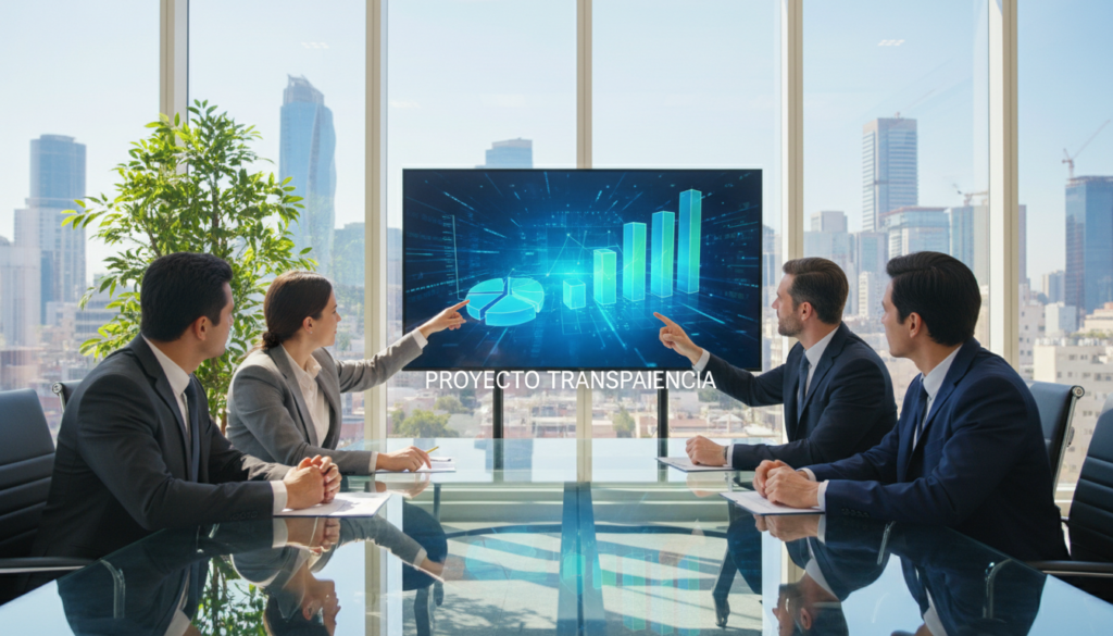 A professional business meeting set in a bright, modern conference room, symbolizing the concept of "proyecto transparencia." In the foreground, a diverse group of individuals in professional business attire are engaged in a collaborative discussion, using transparent graphs and charts displayed on a sleek digital screen. The middle layer features a large glass table reflecting natural light streaming through floor-to-ceiling windows, with plants adding a touch of greenery. In the background, the skyline of a bustling city can be seen, signifying growth and opportunity. The lighting is bright and inviting, creating a positive and hopeful mood, while the angle captures both the participants' expressions of focus and the vibrant environment around them.