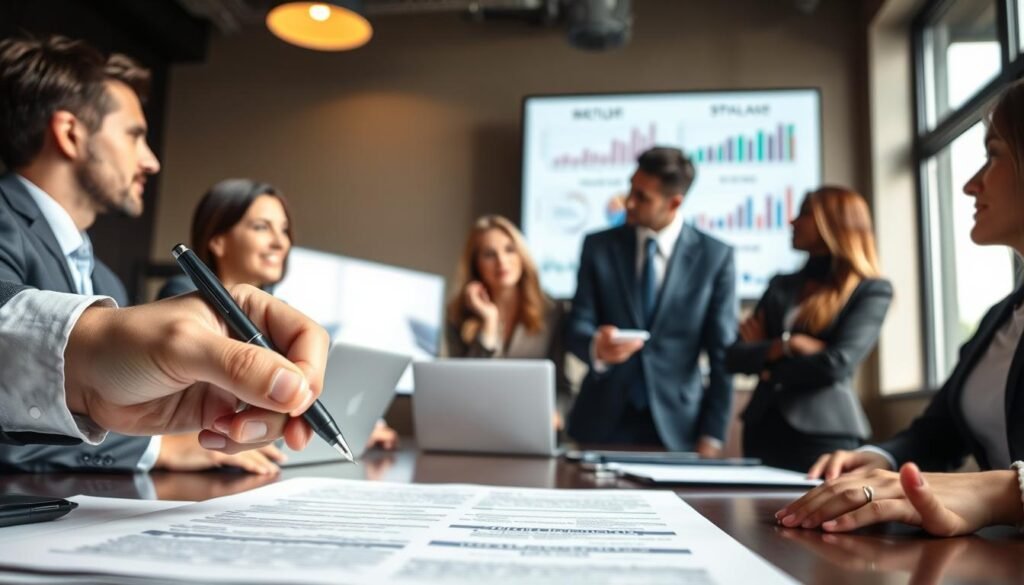A professional business meeting setting depicting a diverse group of individuals in formal business attire, gathered around a conference table filled with documents and laptops. In the foreground, a close-up of a hand holding a pen, poised over a detailed proposal, symbolizing careful strategy development. The middle layer features engaged team members discussing strategies, with charts and graphs displayed on a screen in the background, highlighting key points of public contracting offers. Soft ambient lighting creates a focused, collaborative atmosphere, while natural daylight filters in through large windows, illuminating the scene. The overall mood is one of professionalism, planning, and collaboration, emphasizing the importance of strategic thinking in public contract proposal preparation.