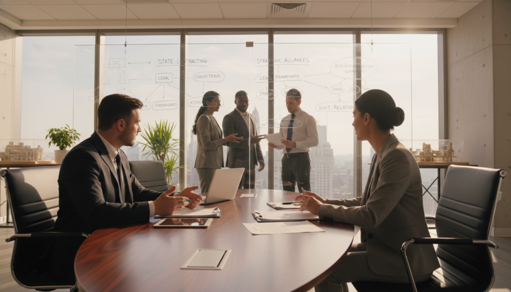 A professional business setting depicting a diverse group of individuals collaborating on forming a consortia for state contracting. In the foreground, a male and female lawyer, both dressed in formal business attire, are reviewing documents on a sleek conference table. In the middle ground, a whiteboard filled with diagrams and notes outlines steps for creating strategic alliances. The background shows a modern office with large windows letting in soft, natural light, highlighting the collaborative atmosphere. The lighting is warm and inviting, creating a focused yet energetic mood. The composition is shot at a slight angle to emphasize teamwork and professionalism, capturing the essence of legal collaboration in a vibrant economic context.