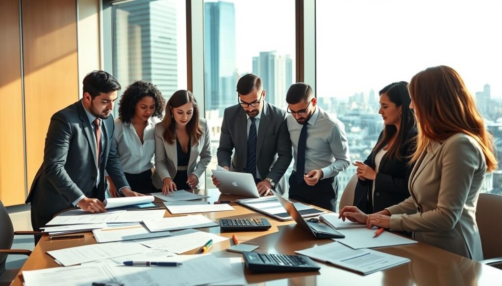 A professional business setting that illustrates effective management of public contract guarantees. In the foreground, a diverse group of professionals in business attire is engaged in a discussion over documents and a laptop, demonstrating teamwork and strategy. In the middle, a large conference table is filled with papers, contracts, and a calculator, symbolizing meticulous planning and analysis. The background features a large window with cityscape views, allowing natural light to flood the room, creating a bright and optimistic atmosphere. The lighting is warm and inviting, enhancing a sense of collaboration and professionalism. The overall mood reflects focus, clarity, and competence, capturing the essence of effective advisory services in public contracts.