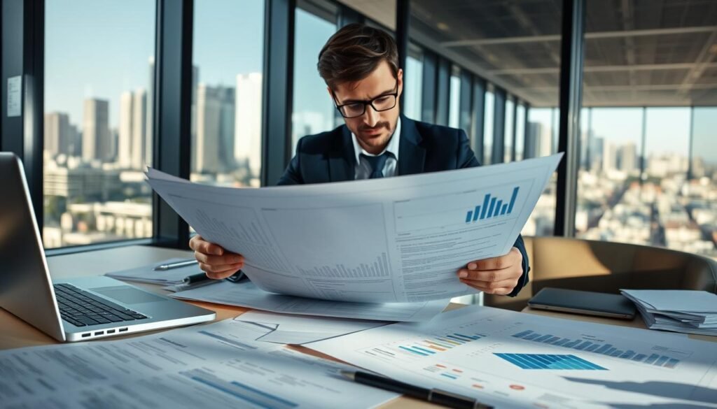 A professional consultant analyzing public procurement documents, seated at a modern office desk filled with various contracts and charts. In the foreground, detailed papers and a laptop showing graphs related to public tender analysis. In the middle ground, a focused individual in business attire, deeply engaged in reviewing a large document, highlighting key sections. The background features a large window with a city skyline view, letting in natural light that creates a warm and inviting atmosphere. Soft shadows play on the desk, adding depth to the scene. The overall mood is one of diligence, expertise, and strategic thinking, underscoring the importance of consulting in public tenders for successful outcomes.