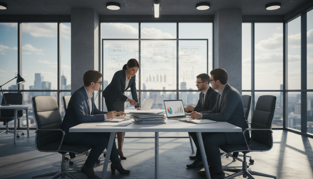 A professional consultant in a modern office setting, advising state entities and private companies on contracts and project management. In the foreground, a diverse group of four individuals in business attire, engaged in a focused discussion over a table filled with documents and a laptop displaying graphs. The middle ground features a whiteboard with diagrams and plans. The background showcases large windows allowing natural light to flood the space, highlighting a city skyline outside. The atmosphere is collaborative and productive, with warm lighting and a sense of urgency. The angle is slightly above eye level, capturing the collaboration and professionalism of the scene.