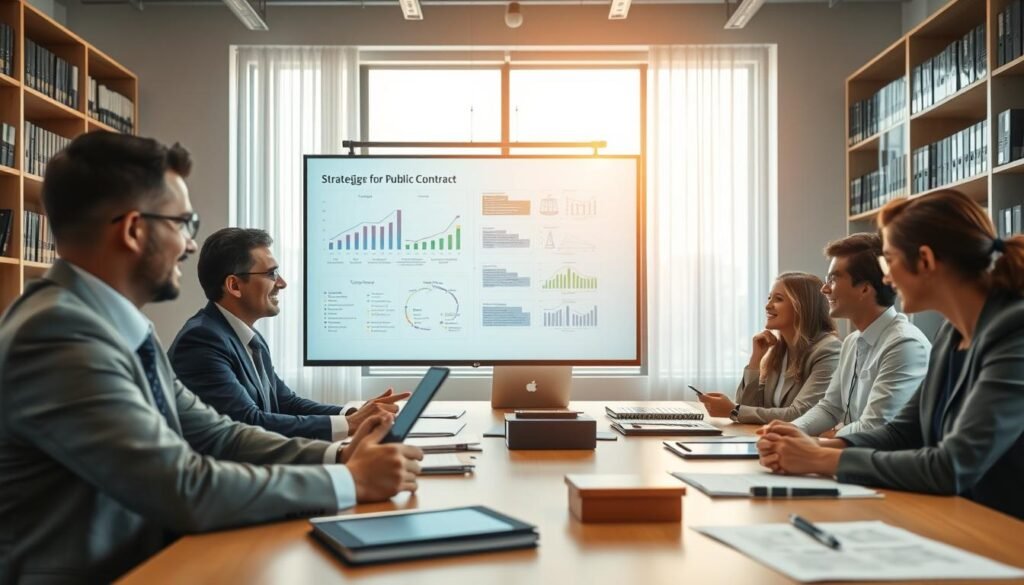 A professional consulting office scene focused on specialized legal services related to government contracts. In the foreground, a diverse group of business professionals, dressed in formal business attire, are engaged in a lively discussion around a conference table filled with legal documents and digital devices. The middle layer features a large presentation screen displaying charts and legal frameworks, emphasizing the strategies for public procurement. The background showcases shelves lined with law books and a large window with natural light pouring in, creating an open and inviting atmosphere. The overall mood is one of collaboration, expertise, and seriousness, signifying a dedicated approach to legal consulting. The perspective is slightly angled to capture the dynamic interaction among the professionals while maintaining a crisp focus on their activities.