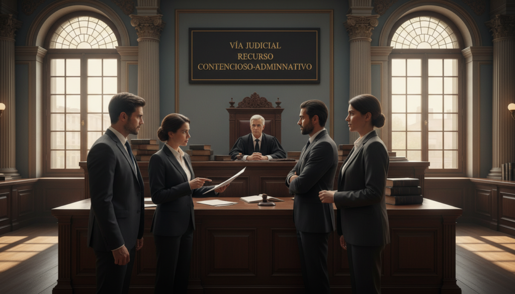 A professional courtroom scene depicting a "vía judicial recurso contencioso-administrativo." In the foreground, a diverse group of individuals in professional business attire stands in front of a large wooden courtroom bench, engaged in a serious discussion. The middle ground features a judge sitting behind the bench, looking thoughtfully at the gathering, with legal books and documents scattered around. The background shows ornate courtroom architecture, with tall windows letting in soft, warm light, creating a somber yet hopeful atmosphere. The image captures the essence of legal proceedings, emphasizing the differences between administrative resources and judicial routes. The scene is well-composed, with a focus on expressions of determination and professionalism.