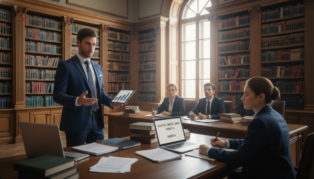 A professional courtroom setting with a wooden table at the foreground, where a serious lawyer dressed in a tailored navy suit presents documents and evidence. There are stacks of papers, legal books, and a laptop open, displaying relevant case details. In the middle, attentive members of a panel sit behind a polished table, all wearing business attire, engaged in the proceedings. The background features shelves filled with law books and a large window letting in soft, natural daylight, creating a focused atmosphere. The angle is slightly elevated to capture the dynamics of the presentation, emphasizing the lawyer's confidence and the gravity of the moment. The overall mood is formal and intense, reflecting the significance of the defense arguments.