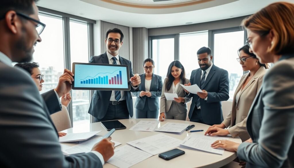 A professional, elegant office environment showcasing a team of diverse lawyers engaging in a strategic meeting focused on sanction processes. In the foreground, a confident lawyer, dressed in a tailored suit, points at documents and displays digital graphs on a tablet, symbolizing successful strategies and outcomes. In the middle ground, a round conference table is surrounded by attentive colleagues, analyzing legal papers and reports with expressions of concentration. The background features large windows with natural light pouring in, illuminating the room and creating a bright, optimistic atmosphere. The overall image conveys professionalism, collaboration, and a focus on achieving results in complex legal processes. The angle is slightly overhead, capturing the dynamic interaction among the team.