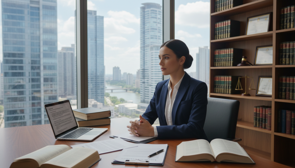A professional female lawyer, dressed in a tailored navy blue suit, is seated at a sleek conference table covered with legal documents and a laptop. In the foreground, her focused expression reflects determination and integrity. The middle ground features a large window showcasing a cityscape, symbolizing the dynamic environment of legal practice. Soft, natural lighting filters through, creating a warm and inviting atmosphere. In the background, bookshelves filled with legal texts and framed certificates add to the ambiance of professionalism and expertise. The overall mood is one of empowerment and commitment to justice, embodying the values that guide her legal practice. The image captures a moment of reflection and dedication in her role as a legal professional.