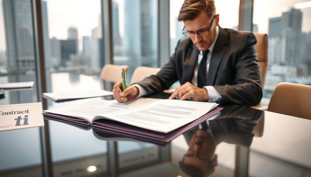 A professional lawyer, dressed in formal business attire, is seated at a sleek conference table covered with contracts and legal documents. In the foreground, emphasize the lawyer's focused expression as they annotate a contract with a colorful pen. The middle ground features an opened contract with highlighted sections and notes. The background presents a modern office environment with a large window showcasing a city skyline, subtly suggesting the importance of legal advisory. Soft, natural light streams in, casting a warm glow across the table, enhancing the atmosphere of professionalism and responsibility. The mood is serious and dedicated, highlighting the lawyer's crucial role in managing state contracts and legal modifications. A professional lawyer, dressed in formal business attire, is seated at a sleek conference table covered with contracts and legal documents. In the foreground, emphasize the lawyer's focused expression as they annotate a contract with a colorful pen. The middle ground features an opened contract with highlighted sections and notes. The background presents a modern office environment with a large window showcasing a city skyline, subtly suggesting the importance of legal advisory. Soft, natural light streams in, casting a warm glow across the table, enhancing the atmosphere of professionalism and responsibility. The mood is serious and dedicated, highlighting the lawyer's crucial role in managing state contracts and legal modifications.