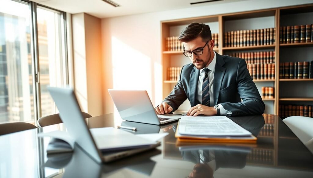 A professional lawyer in a modern office setting, wearing a tailored business suit, is intensely reviewing case files spread across a sleek conference table. In the foreground, detailed legal documents and a laptop are placed prominently, symbolizing thorough preparation. In the middle ground, the lawyer is engaged in thought, with focused expressions reflecting determination and expertise. Soft, natural lighting streams through large windows, casting a warm, inviting glow, enhancing the serious yet hopeful atmosphere of the scene. In the background, shelves lined with law books and framed degrees contribute to a scholarly ambience, illustrating the concept of solid legal strategies. The overall mood conveys professionalism, confidence, and dedication to crafting a robust defense.