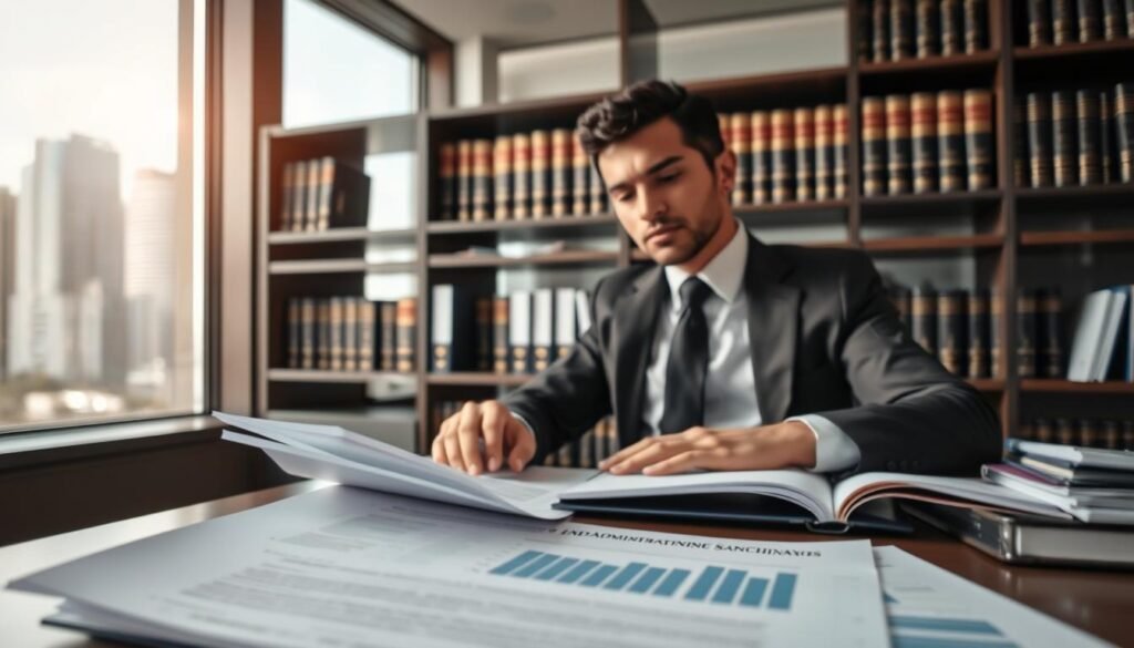 A professional lawyer in business attire seated at a modern desk, reviewing legal documents related to administrative sanctions in Colombia. The foreground features a close-up of the documents, with visible headings and graphs that represent the sanctioning processes. In the middle ground, shelves filled with legal books and Colombian law texts provide context. The background shows an office window with a city skyline, symbolizing growth and governance. Soft natural light filters through the window, casting a warm glow, creating a serious yet approachable atmosphere. The image conveys a sense of professionalism, legal expertise, and dedication to understanding sanctioning processes in Colombia.