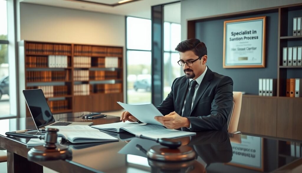 A professional lawyer seated at a sleek contemporary desk, reviewing legal documents with a focused expression. The foreground features a neatly organized desk with a few open case files, a gavel, and a laptop displaying legal software. In the middle ground, a large bookshelf filled with law books and a framed certification on the wall that reads "Specialist in Sanction Processes" adds authenticity. The background consists of a modern office environment with large windows letting in soft, natural light that creates a warm and inviting atmosphere. The mood conveys professionalism and expertise, emphasizing the lawyer’s dedication to their field. The lawyer is dressed in a tailored dark suit, exuding confidence and trustworthiness. A professional lawyer seated at a sleek contemporary desk, reviewing legal documents with a focused expression. The foreground features a neatly organized desk with a few open case files, a gavel, and a laptop displaying legal software. In the middle ground, a large bookshelf filled with law books and a framed certification on the wall that reads "Specialist in Sanction Processes" adds authenticity. The background consists of a modern office environment with large windows letting in soft, natural light that creates a warm and inviting atmosphere. The mood conveys professionalism and expertise, emphasizing the lawyer’s dedication to their field. The lawyer is dressed in a tailored dark suit, exuding confidence and trustworthiness.