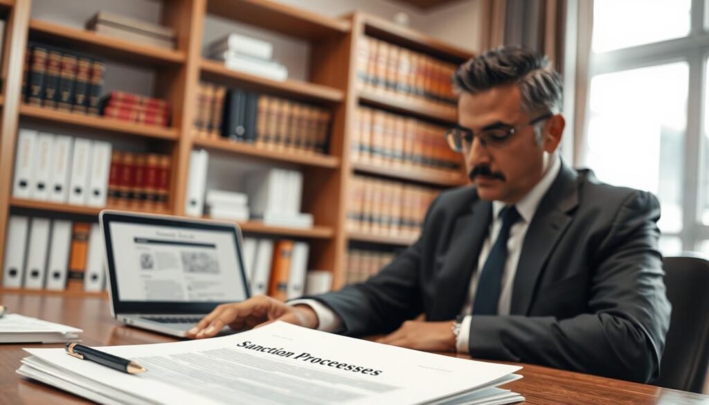 A professional lawyer sitting at a desk in a modern office, reviewing legal documents related to sanction processes. In the foreground, a close-up of a folder labeled "Sanction Processes" with a pen beside it. In the middle ground, the lawyer, a middle-aged Hispanic man in a tailored suit, focuses intently on the paperwork, with a laptop open displaying legal information. The background features shelves filled with law books and a large window that lets in natural light, creating a warm and inviting atmosphere. The overall mood is serious yet hopeful, conveying the importance of seeking legal guidance. Use soft, natural lighting to enhance the professional yet approachable setting, shot with a slightly shallow depth of field to draw attention to the lawyer and documents.