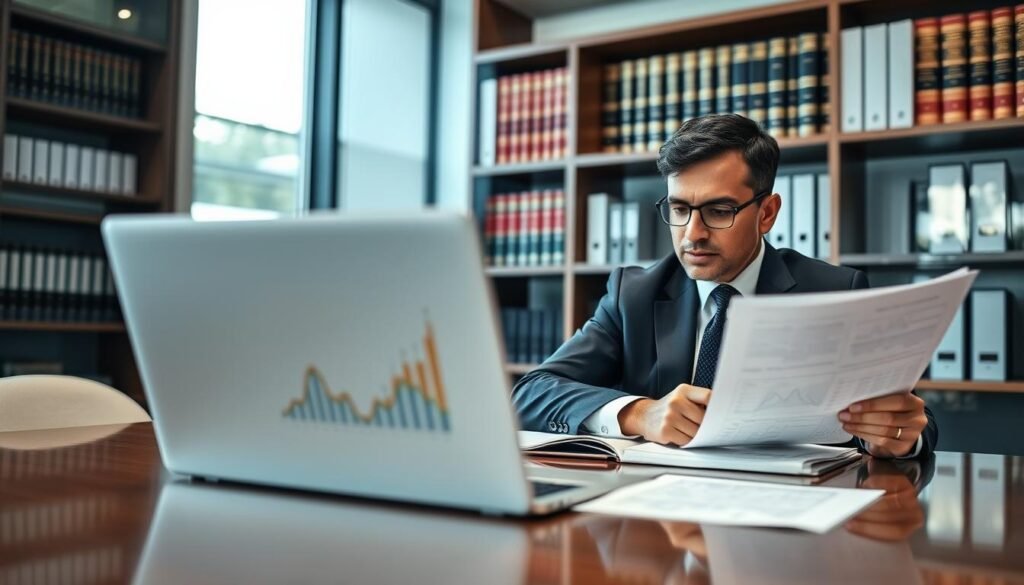 A professional lawyer specializing in government contract liquidation is seated at a sleek, modern office desk, examining detailed legal documents. In the foreground, a polished laptop displays complex charts and graphs, emphasizing the analytical nature of their work. The lawyer, a middle-aged Hispanic man in a tailored navy suit, appears focused and thoughtful, with a notepad of notes at hand. In the middle background, shelves lined with legal books and case files signify expertise and dedication. Soft, natural light filters in through large windows, illuminating the workspace and creating a warm, productive atmosphere. The scene is framed from a slight angle, capturing the essence of professionalism and the critical importance of legal advice in contract liquidation, evoking a sense of trust and authority.