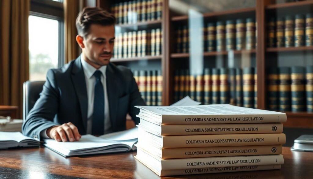 A professional lawyer's desk setting, showcasing a stack of legal books prominently featuring Colombia's administrative law regulations, surrounded by documents related to sancionatory processes. In the foreground, a well-dressed lawyer in business attire is thoughtfully reviewing a case file, with a focused expression. The middle ground features a window letting in soft, natural light, casting gentle shadows across the desk. In the background, a well-organized bookshelf filled with legal texts and Colombian government insignias, reflecting the seriousness of administrative law. The atmosphere is formal yet inviting, capturing the importance of understanding legal options in administrative processes. The image should evoke professionalism and clarity, with a balanced composition and a warm color palette. A professional lawyer's desk setting, showcasing a stack of legal books prominently featuring Colombia's administrative law regulations, surrounded by documents related to sancionatory processes. In the foreground, a well-dressed lawyer in business attire is thoughtfully reviewing a case file, with a focused expression. The middle ground features a window letting in soft, natural light, casting gentle shadows across the desk. In the background, a well-organized bookshelf filled with legal texts and Colombian government insignias, reflecting the seriousness of administrative law. The atmosphere is formal yet inviting, capturing the importance of understanding legal options in administrative processes. The image should evoke professionalism and clarity, with a balanced composition and a warm color palette.