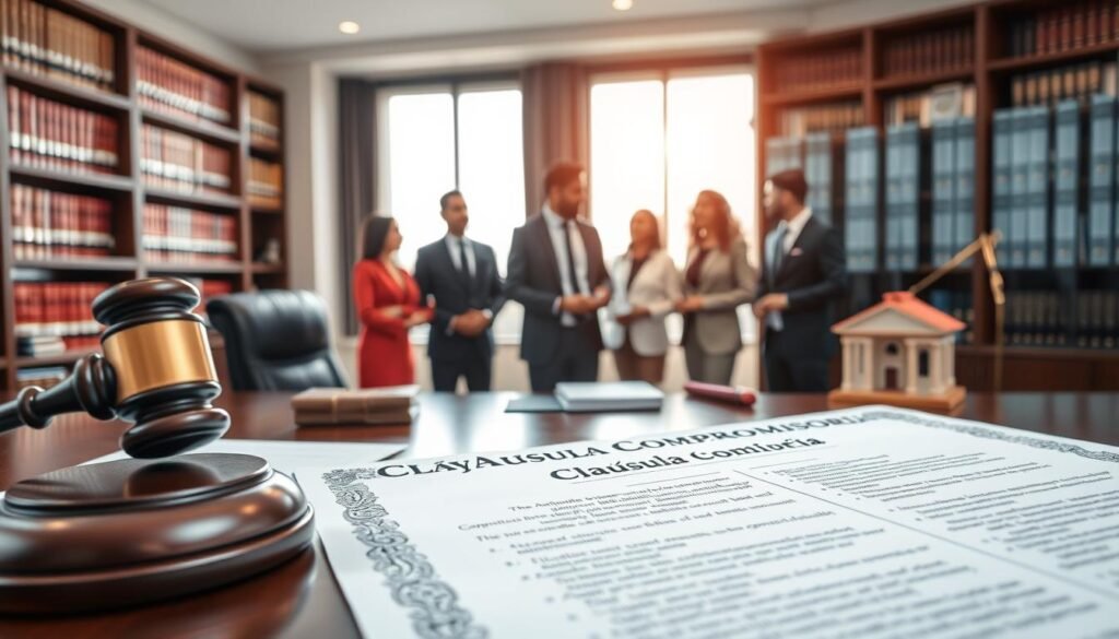 A professional lawyer's office environment, featuring a well-organized desk with legal documents, a gavel, and a small model of a courthouse. In the foreground, a close-up of an ornate contract with highlighted sections titled "Cláusula Compromisoria," emphasizing its key elements like agreement terms and arbitration clauses. The middle layer showcases a diverse group of business professionals in professional attire engaged in a discussion, possibly reviewing the contract. The background features shelves filled with law books and a large window allowing soft, natural light to fill the room, creating an atmosphere of seriousness and professionalism. The overall mood is focused and authoritative, highlighting the importance of the "Cláusula Compromisoria" in contractual agreements. A professional lawyer's office environment, featuring a well-organized desk with legal documents, a gavel, and a small model of a courthouse. In the foreground, a close-up of an ornate contract with highlighted sections titled "Cláusula Compromisoria," emphasizing its key elements like agreement terms and arbitration clauses. The middle layer showcases a diverse group of business professionals in professional attire engaged in a discussion, possibly reviewing the contract. The background features shelves filled with law books and a large window allowing soft, natural light to fill the room, creating an atmosphere of seriousness and professionalism. The overall mood is focused and authoritative, highlighting the importance of the "Cláusula Compromisoria" in contractual agreements.