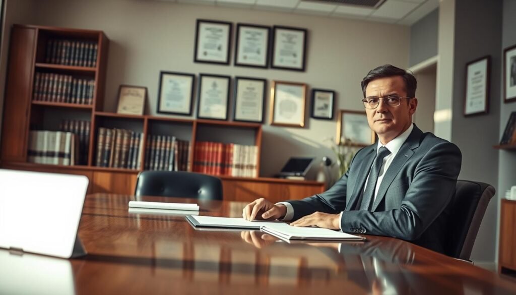 A professional lawyer's office interior, emitting a sense of trust and security. In the foreground, a well-dressed lawyer in a tailored suit, engaged in a consultation with a client, both seated at a polished wooden table. The middle ground features a bookshelf filled with legal books and certificates subtly displayed on the wall, symbolizing expertise and authority. In the background, large windows allow natural light to flood the room, creating a warm and inviting atmosphere. Soft lighting casts gentle shadows, emphasizing a calm and focused mood. The scene conveys a feeling of reassurance, illustrating the commitment to protecting legal rights with professionalism and dedication. The composition should be at eye level, capturing an intimate yet professional interaction between the lawyer and client. A professional lawyer's office interior, emitting a sense of trust and security. In the foreground, a well-dressed lawyer in a tailored suit, engaged in a consultation with a client, both seated at a polished wooden table. The middle ground features a bookshelf filled with legal books and certificates subtly displayed on the wall, symbolizing expertise and authority. In the background, large windows allow natural light to flood the room, creating a warm and inviting atmosphere. Soft lighting casts gentle shadows, emphasizing a calm and focused mood. The scene conveys a feeling of reassurance, illustrating the commitment to protecting legal rights with professionalism and dedication. The composition should be at eye level, capturing an intimate yet professional interaction between the lawyer and client.
