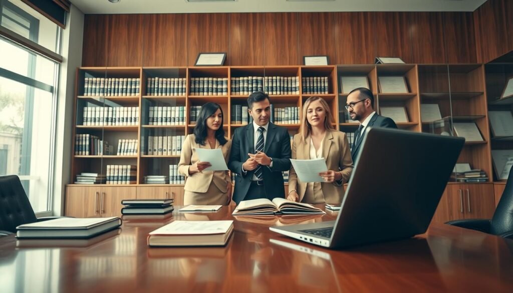 A professional lawyer's office interior focused on administrative law services, showcasing a polished wooden desk with law books and a laptop open, indicating legal research. In the foreground, a diverse group of two lawyers in professional attire is engaged in a discussion, one gesturing towards a document. The middle ground features several shelves filled with legal texts and diplomas framing the scene. The background shows a large window with natural light streaming in, creating a warm atmosphere. Using soft-focused lighting to enhance professionalism, the angle is slightly elevated, emphasizing both the lawyers and their workspace. The overall mood is serious and dedicated, reflecting a commitment to justice in administrative sanction processes. A professional lawyer's office interior focused on administrative law services, showcasing a polished wooden desk with law books and a laptop open, indicating legal research. In the foreground, a diverse group of two lawyers in professional attire is engaged in a discussion, one gesturing towards a document. The middle ground features several shelves filled with legal texts and diplomas framing the scene. The background shows a large window with natural light streaming in, creating a warm atmosphere. Using soft-focused lighting to enhance professionalism, the angle is slightly elevated, emphasizing both the lawyers and their workspace. The overall mood is serious and dedicated, reflecting a commitment to justice in administrative sanction processes.
