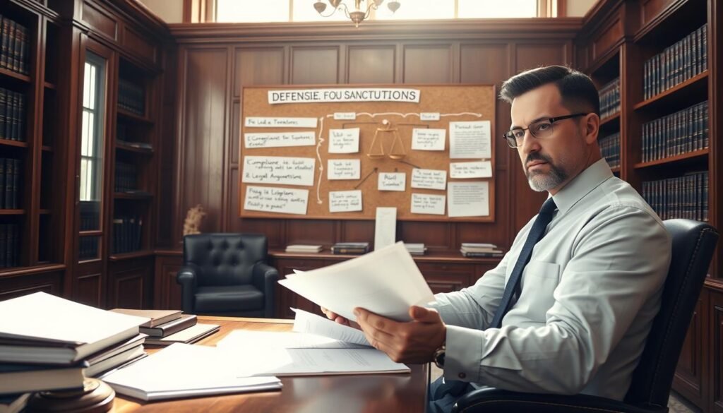 A professional lawyer's office, richly detailed with wooden furniture and legal bookshelves filled with case law. In the foreground, a confident lawyer in business attire sits at a desk, analyzing documents and preparing a defense strategy. On the middle plane, a corkboard displays charts and notes related to legal strategies for sanctions, showcasing a blend of options like negotiation, compliance measures, and legal argumentation. In the background, sunlight streams through large windows, casting a warm glow that creates an inviting and serious atmosphere. The composition captures a sense of determination and professionalism, focused on the strategies for a legal defense in an administrative process. Use a soft focus on the background for depth while keeping the lawyer and documents sharp. A professional lawyer's office, richly detailed with wooden furniture and legal bookshelves filled with case law. In the foreground, a confident lawyer in business attire sits at a desk, analyzing documents and preparing a defense strategy. On the middle plane, a corkboard displays charts and notes related to legal strategies for sanctions, showcasing a blend of options like negotiation, compliance measures, and legal argumentation. In the background, sunlight streams through large windows, casting a warm glow that creates an inviting and serious atmosphere. The composition captures a sense of determination and professionalism, focused on the strategies for a legal defense in an administrative process. Use a soft focus on the background for depth while keeping the lawyer and documents sharp.