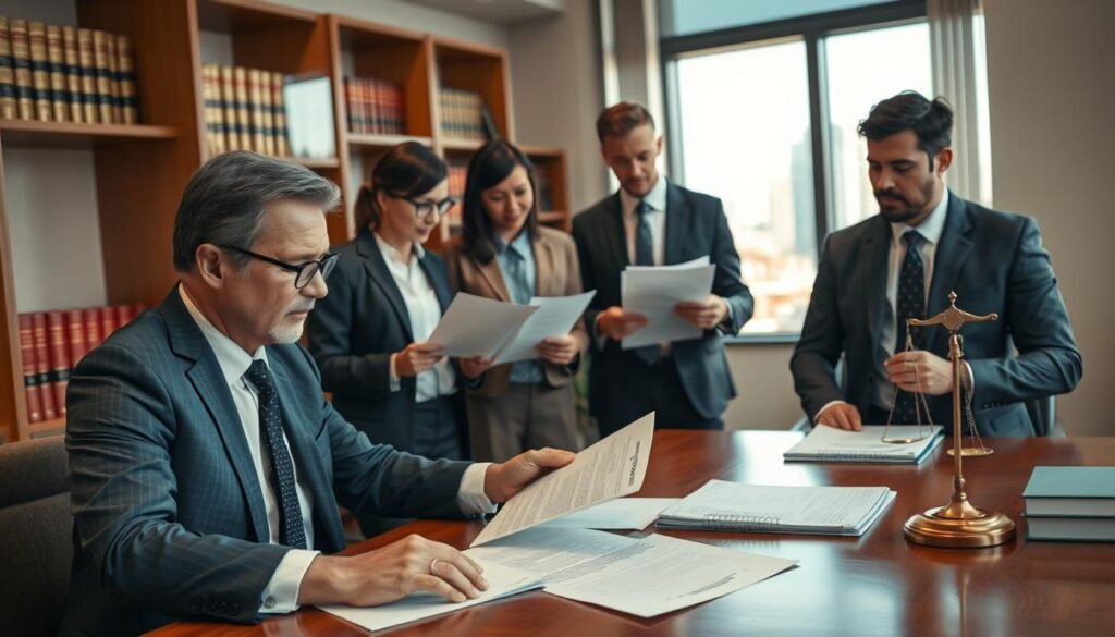 A professional lawyer's office scene focusing on legal consultation about sanction processes. In the foreground, a lawyer in formal business attire, reviewing documents on a polished wooden desk, displaying key legal notes and statutes. In the middle ground, a diverse group of individuals (two men and one woman, all dressed in smart business attire) discussing and comparing documents with serious expressions, embodying a sense of collaboration. The background features a shelf filled with law books and a window showing a city skyline, with natural light streaming in, creating a warm and professional atmosphere. The mood is serious yet constructive, reflecting the analytical nature of legal work. Use a soft focus on the background to emphasize the foreground details. A professional lawyer's office scene focusing on legal consultation about sanction processes. In the foreground, a lawyer in formal business attire, reviewing documents on a polished wooden desk, displaying key legal notes and statutes. In the middle ground, a diverse group of individuals (two men and one woman, all dressed in smart business attire) discussing and comparing documents with serious expressions, embodying a sense of collaboration. The background features a shelf filled with law books and a window showing a city skyline, with natural light streaming in, creating a warm and professional atmosphere. The mood is serious yet constructive, reflecting the analytical nature of legal work. Use a soft focus on the background to emphasize the foreground details.